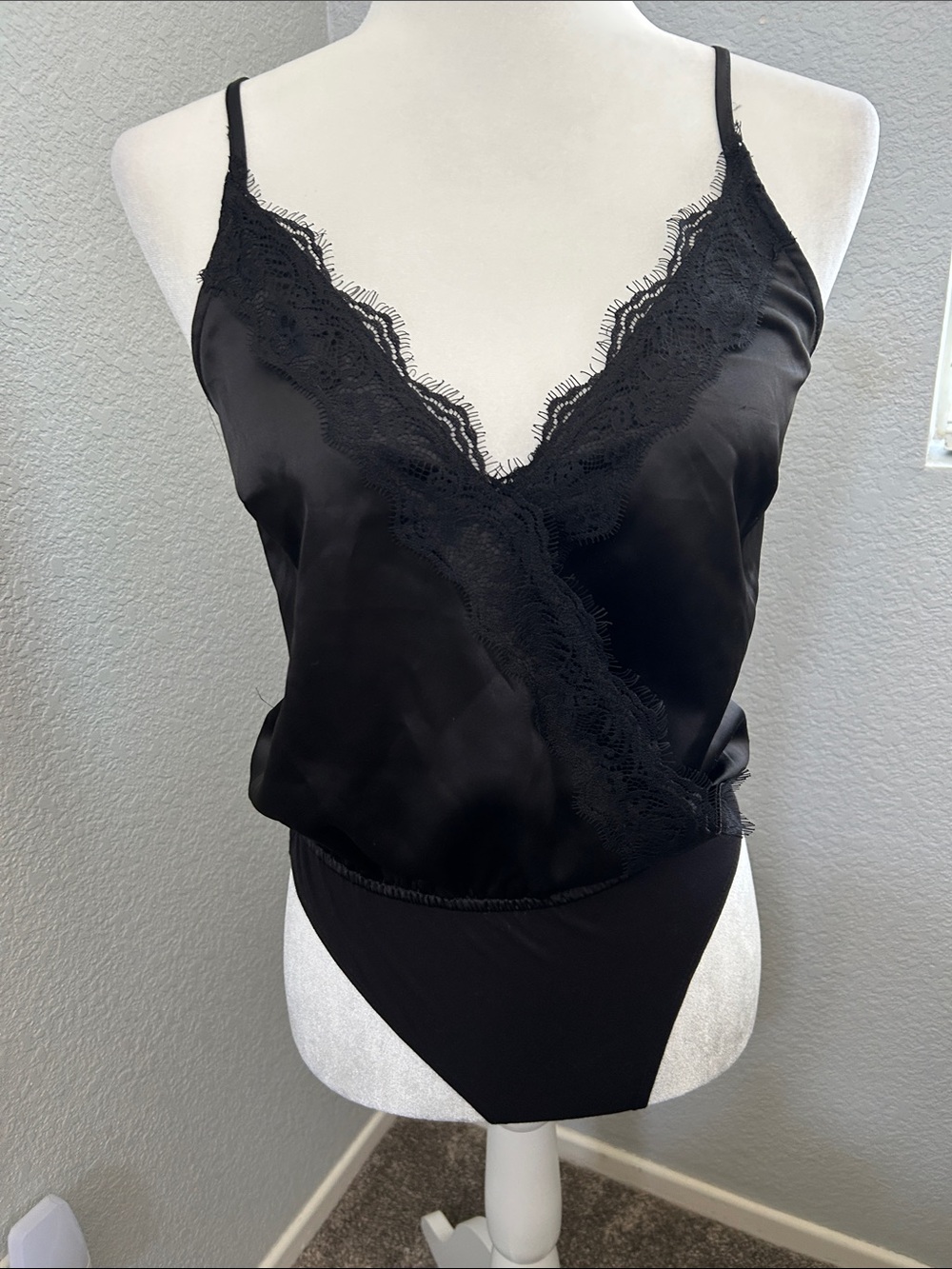 Forever 21 Black Satin Lace Trim Bodysuit